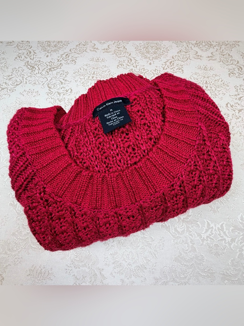 Calvin Klein Jeans Women's Deep Red Cable Knit Crew Sweater, M